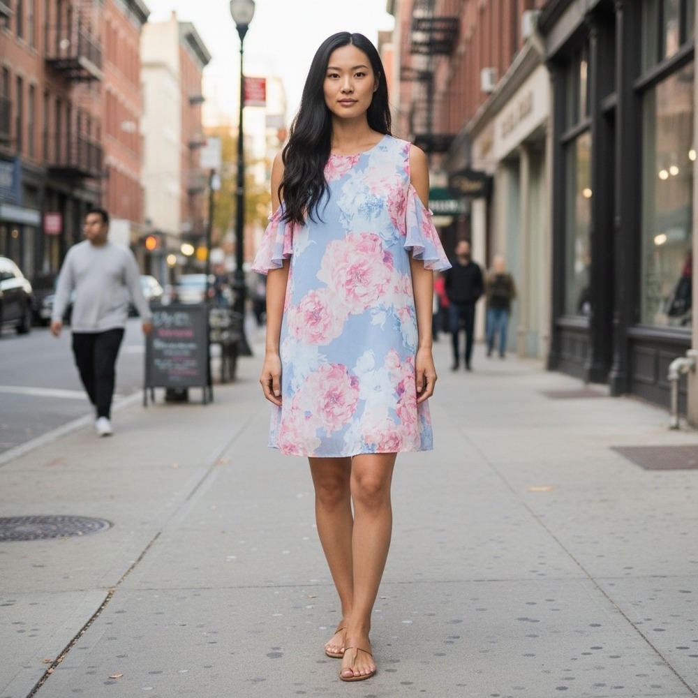 Ronni Nicole Dress Women Cold Shoulder Floral Blue Pink 10 New Ruffle Sleeve